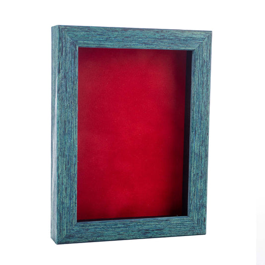Distressed Blue Shadow Box Frame With Red Acid-Free Suede Backing