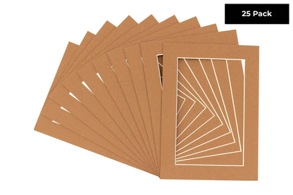 Pack of 25 Aged Oak Brown Precut Acid-Free Matboard Set with Clear Bags & Backings