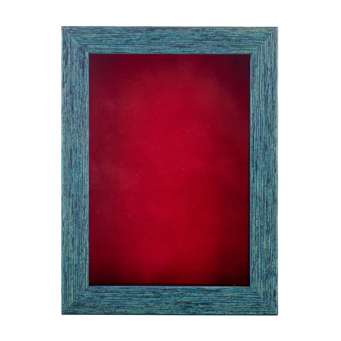 Distressed Blue Shadow Box Frame With Red Acid-Free Suede Backing